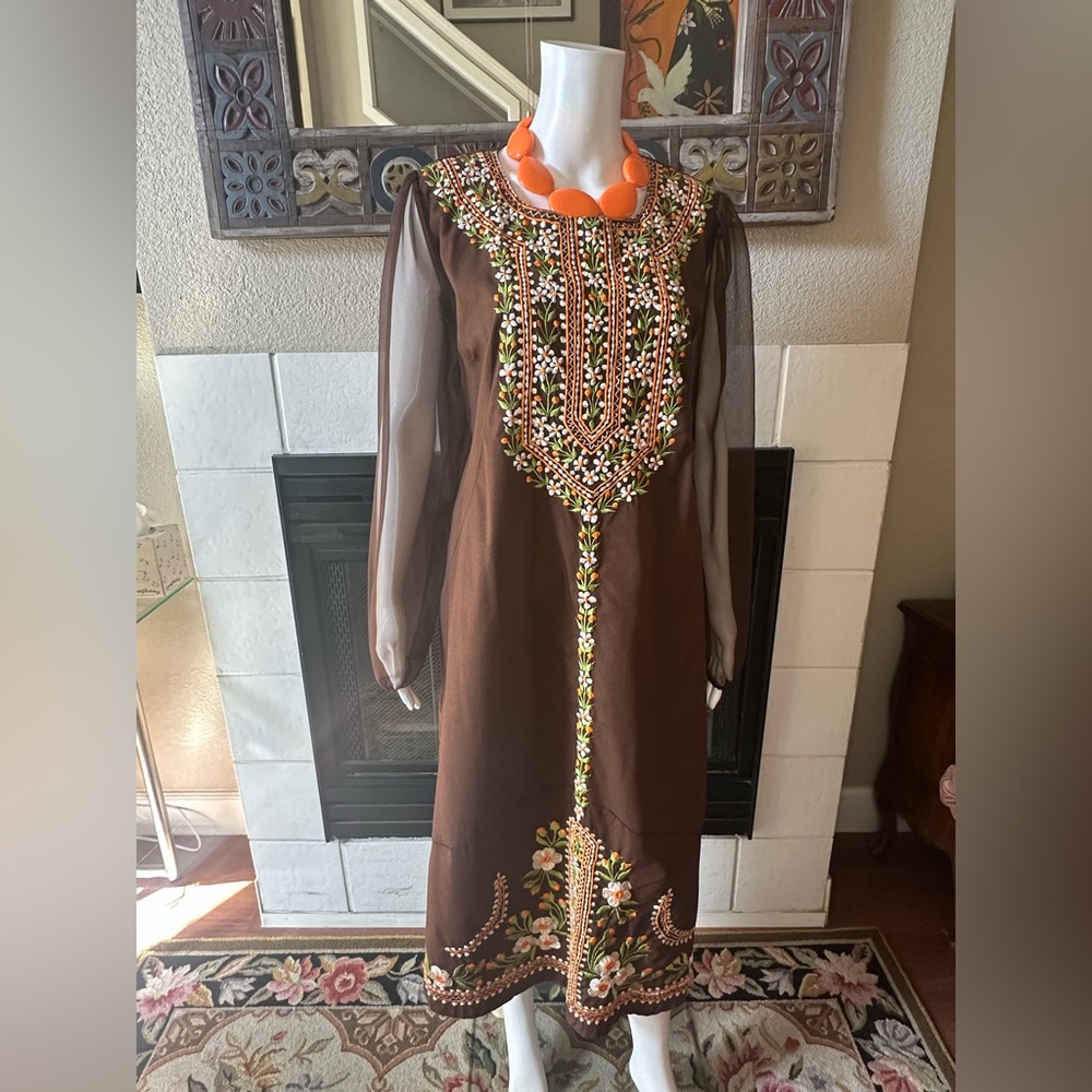 VTG Size 12 Brown Embroidered Orange Caftan Maxi Dress Sheer Sleeves